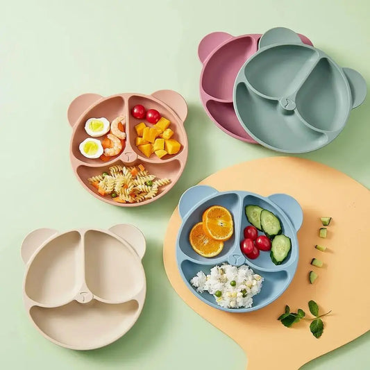 Assiette bébé silicone ventouse compartimentée en forme d’ours