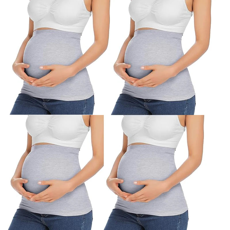 Vue de profil d'une future maman avec bandeau de grossesse extensible de couleur grise 